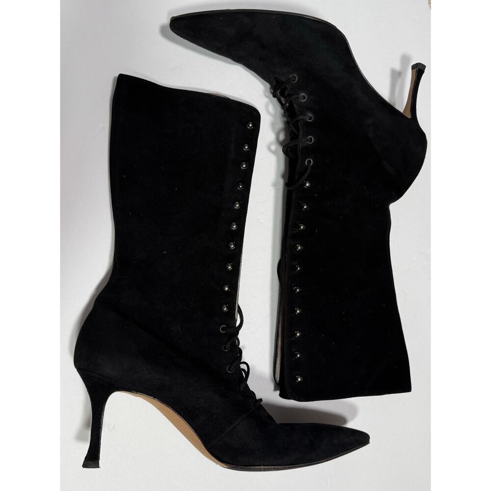 Vintage Manolo Blahnik Black Suede Corset Lace Up Boots 41.5 Y2K SATC Italy